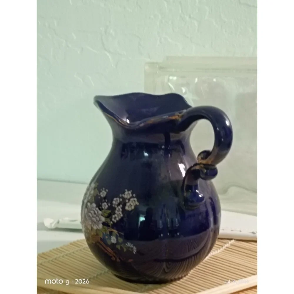 Vintage Japanese Cobalt Blue Pitcher Gold Pheasant Floral Kutani Style 5